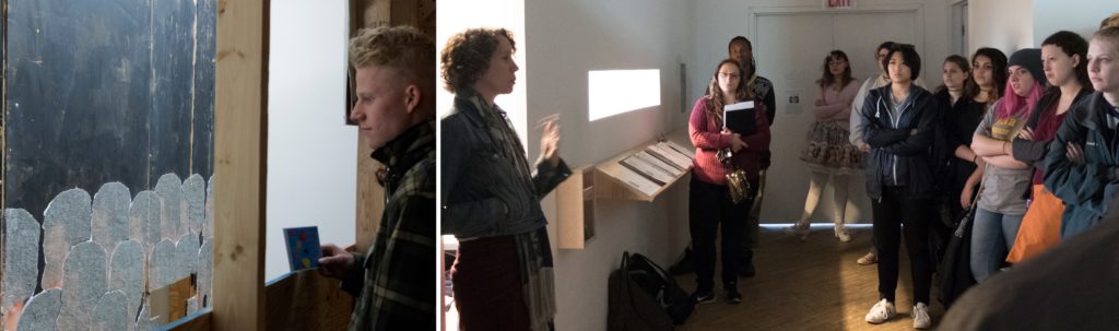 At Vox Populi, left: Seth Crider viewing "That Which Cannot Not Be". left: Bree Pickering talks about the collective's structure.  
