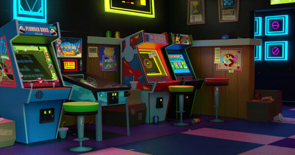 Jason Rumpff illustration of arcade with glowing arcade games and pinball machine