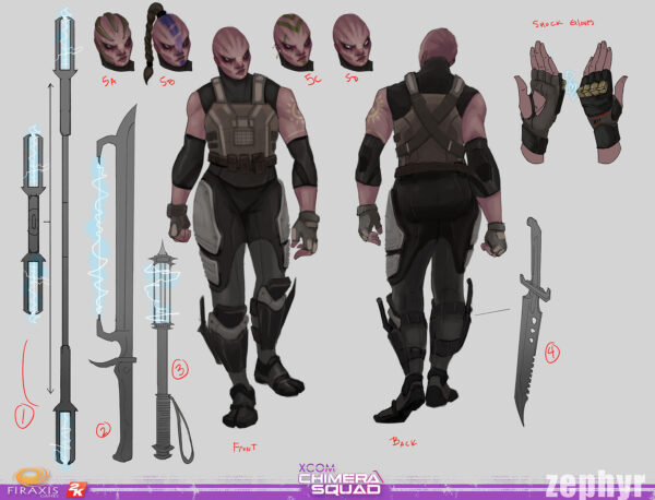 Jen Kraft illustration of Zephyr character design for XCOM: Chimera Squad of multiple views of character, face, and weapons.