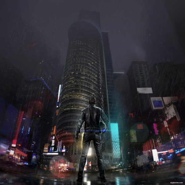 Mike Yakovlev concept art for Pylot of a worm's eye view of a man from the back looking up a rainy cityscape