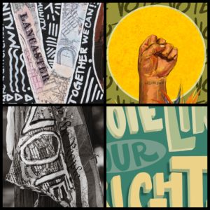 Details of four artworks commissioned by Lancaster Votes for the 2020 election. Clockwise from top left: Keisha Finnie, Salina Almanzar, Dyneisha Gross, Osmyn Oree.
