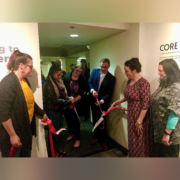 At CORE Gallery's official opening in March, Dyneisha Gross, Student Council President; Nikki Higginbothom, student curator of CORE Gallery's first exhibition; and PCA&D President Michael Molla cut the ribbon held by Dean of Students Jessica Edonick and Provost Dr. Carissa Massey. Looking on is Dr. Debbie Bazarsky, the College's Dean of Diversity, Equity, & Inclusion.