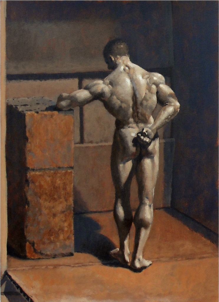 image of nude male figure, from back, with hand resting on a brick.