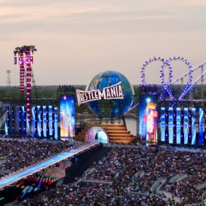 Image of the stage created by Atomic Design, and the crowd, at Wrestlemania 33, 2917, at the Orange Bowl, Orlando, Florida.