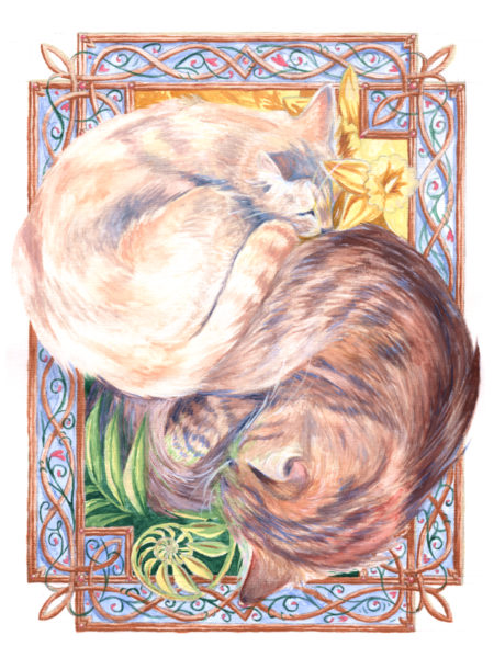 "Timeless" by Joanna Becker, Gouache on canvas paper. Cats curled together in style of illuminated manuscript.