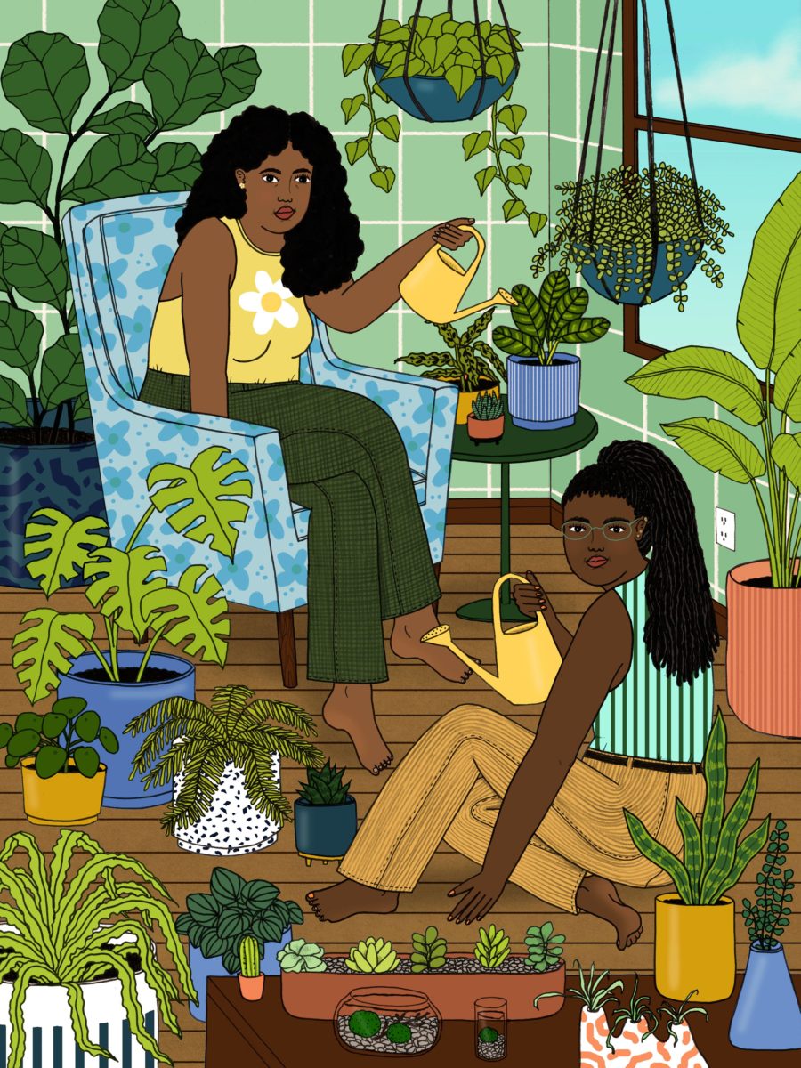 illustration by Mai Ly Degnan, two women caring for houseplants