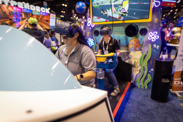 two vr players competing in majormega's spongebob game