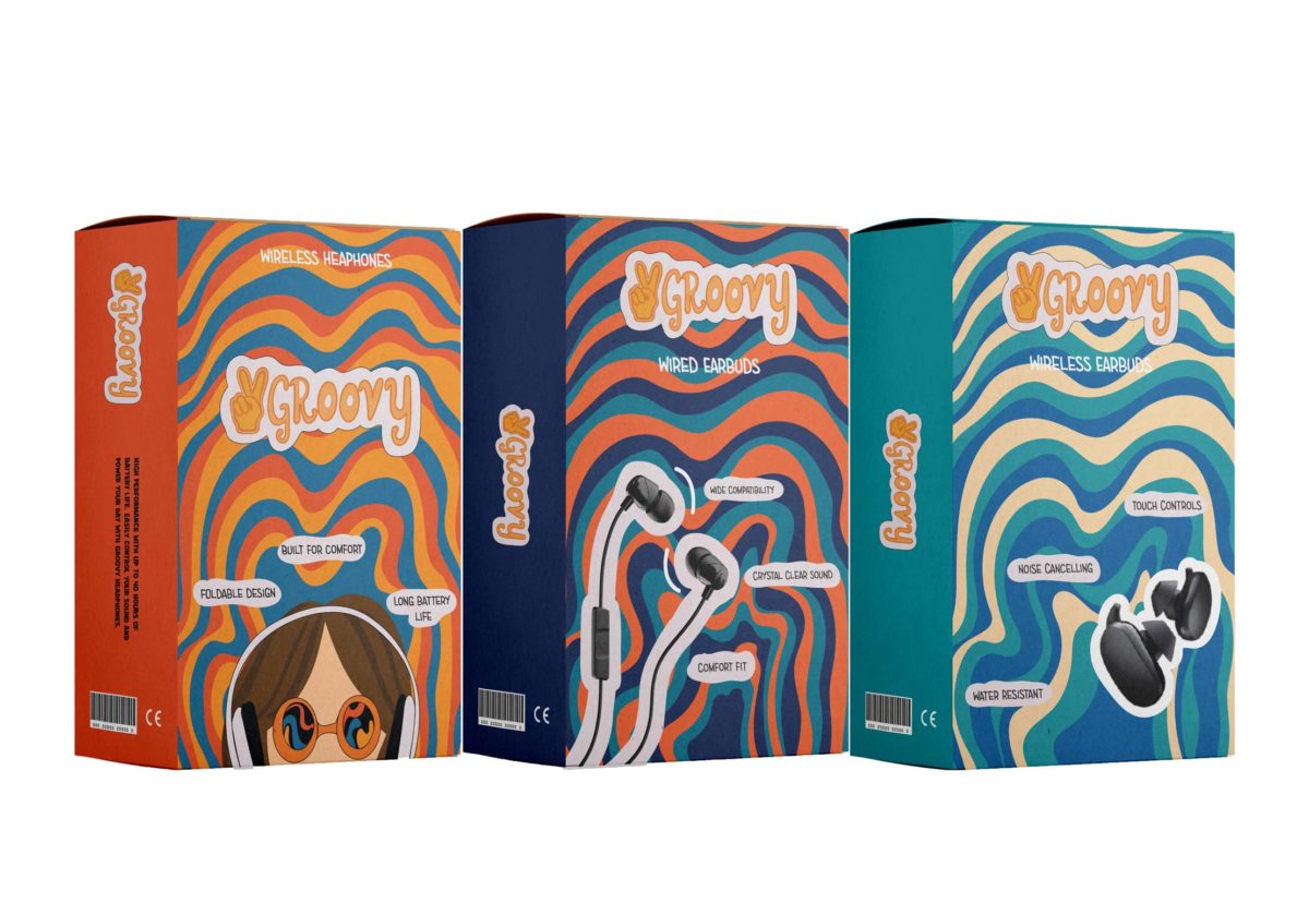 packaging for earbuds designed by Christina Clemente '22, Graphic design. rectangular boxes with waving lines in bright colors and earbud images. 