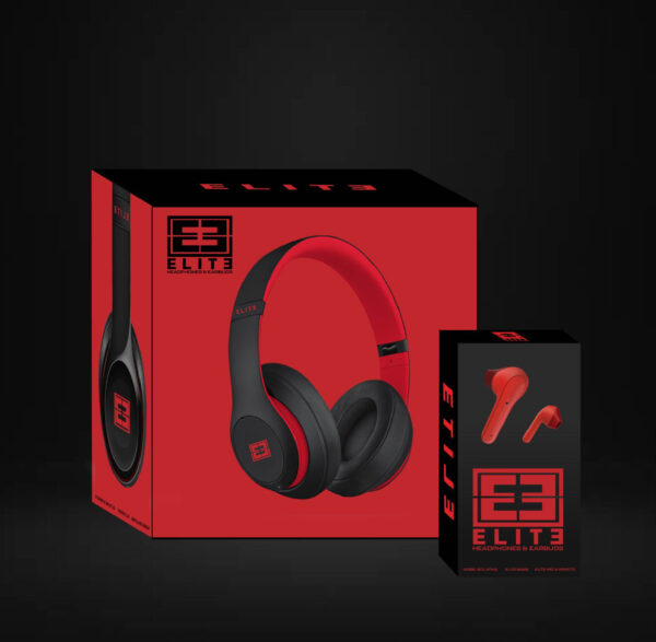 bright red and black box with image of headphones. Packaging design by Jose Rosado '22, Graphic Design