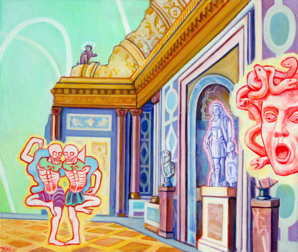 "Versailles Dance of Death" Tom Scullin 2022. Image of brightly colored skeletons dancing together while watched by a bright pink Medusa head, surrounded by classical architecture.