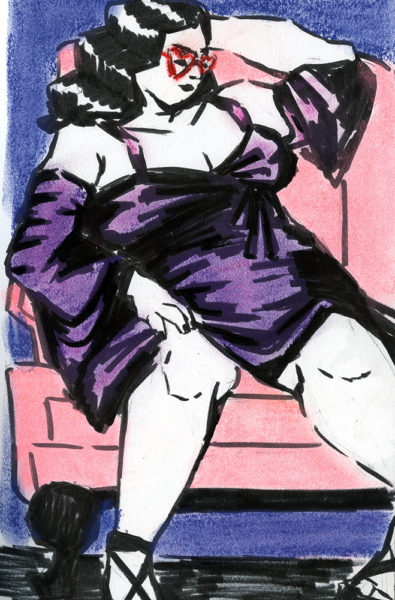sketch of life model Ciara dressed in purple, on pink wingback chair by Alivia Haltom '24, Fine Art