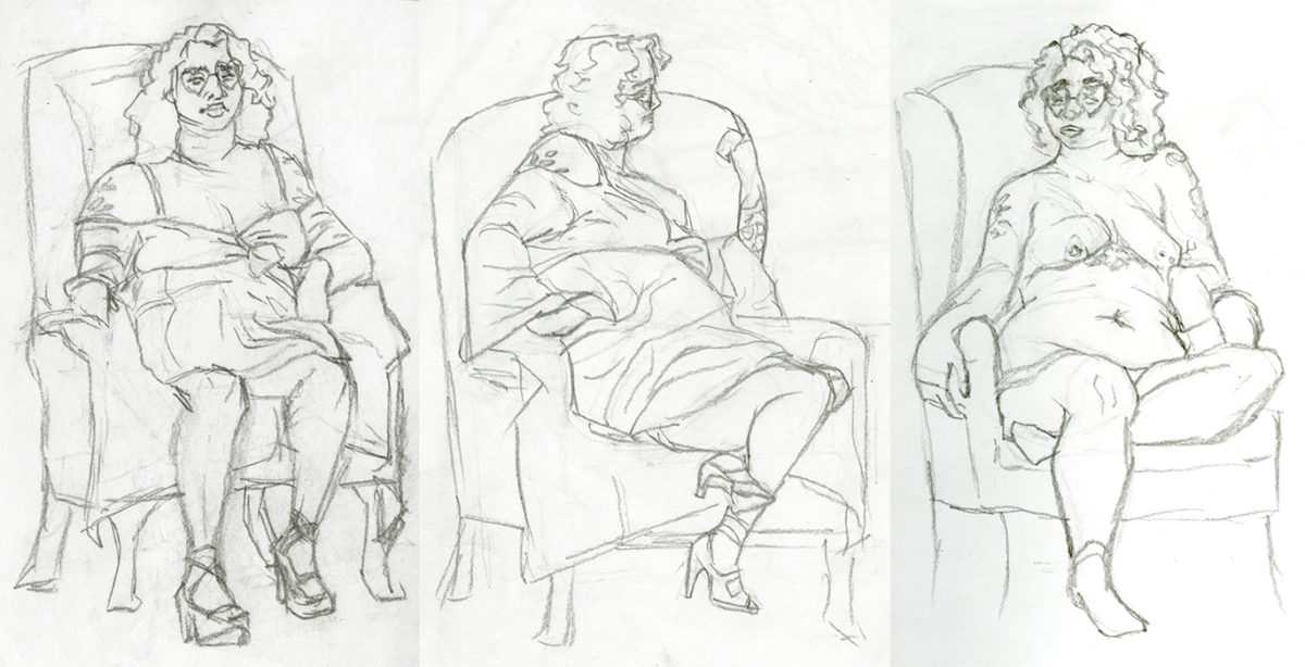 sketch by Jonathan Shelor '24, Illustration, of life model Ciara