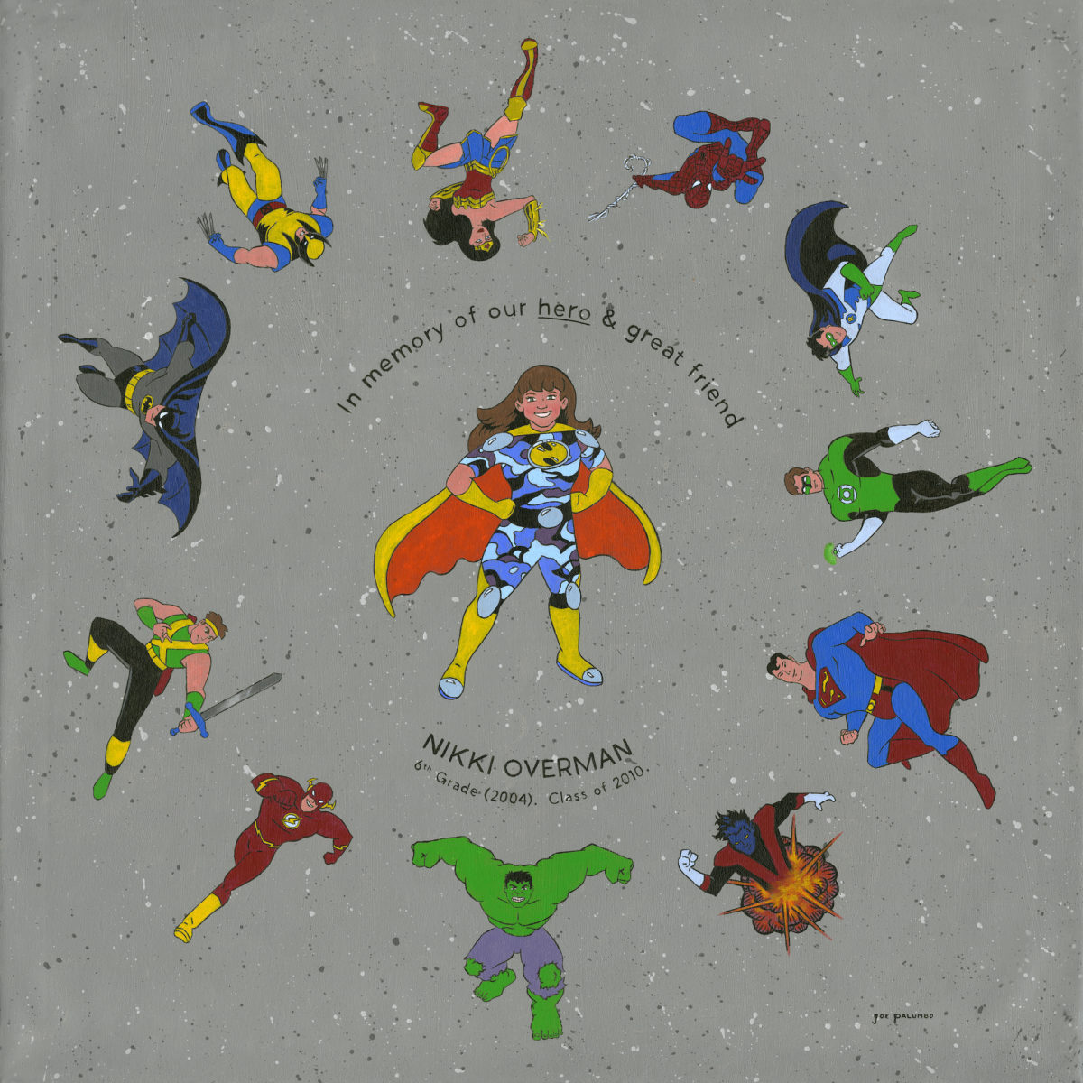 "Super Nikki" superhero character in cape surrounded by well known superheroes. Wilson School District