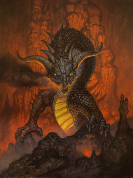 Matt Stawicki illustration of a dragon in a fiery, glowing environment. 18"x24" oil on canvas from 2021.