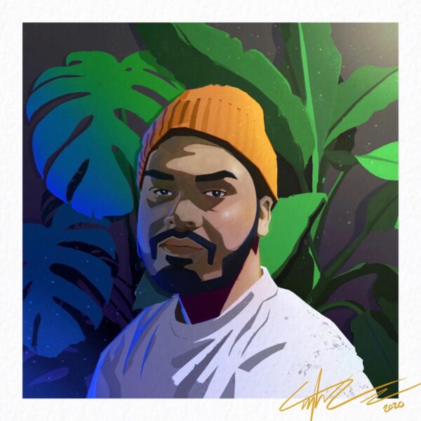 Tyler Le self-portrait illustration of himself from the shoulders up depicted in a beanie in front of foliage