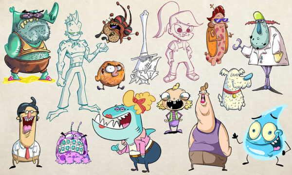 Zach Heffelfinger illustration of many cartoon characters in various poses depicted from the front