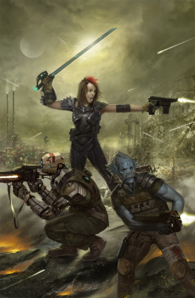 Zack Jones illustration of battle scene for mercenary card for table top game Dominant Reign