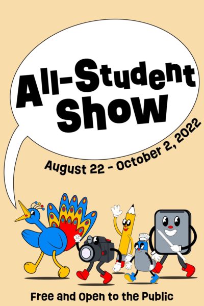A parade of art supply characters led by a peacock shouting "All-Student Show" in a big speech bubble
