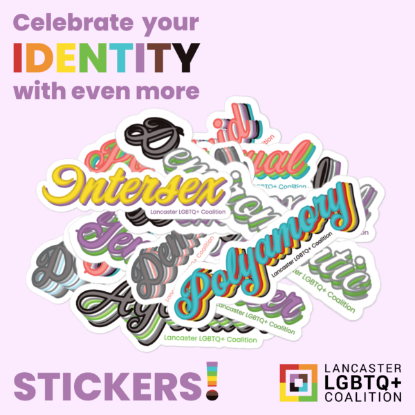 pile of LGBTQ+ stickers on a lavender background