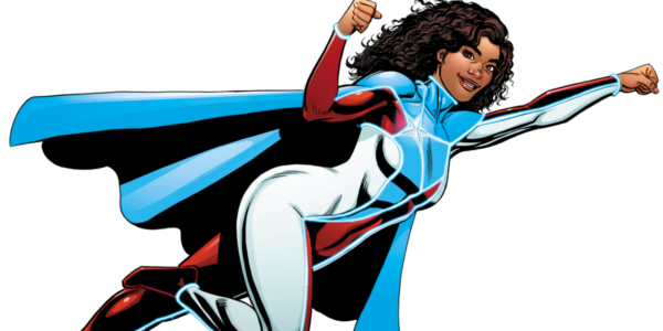 La Borinqueña flying with one arm stretched in front of her.