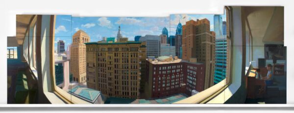 Cityscape painting of Philadelphia through a window.