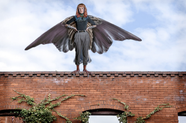 photo of winged woman standing on top of brick wall