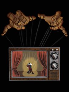 Hands holding marionette puppet strings above a vintage TV with two figures dancing as if on strings.