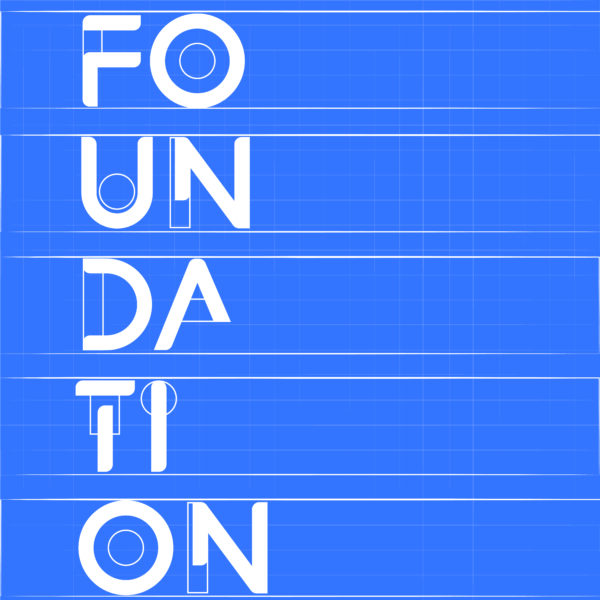 Blue square with white text that says FOUNDATION spelled out in a two-letter stack on the left side of the image. There is a faint white grid in the background.