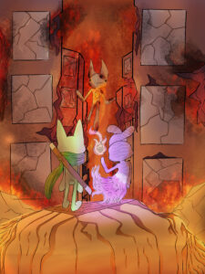 Pink bunny and green cat standing in a burning room