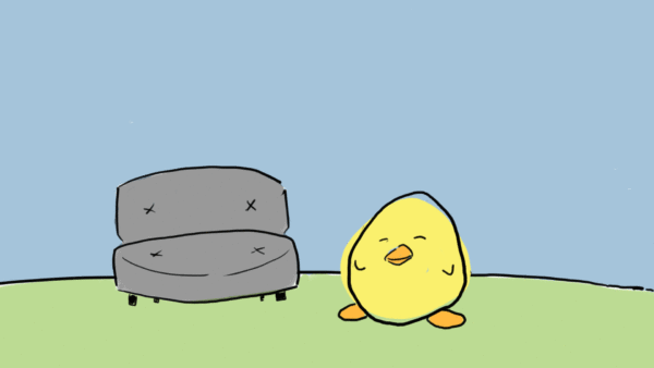 GIF of a baby chick bouncing from a chair to the clouds and back.