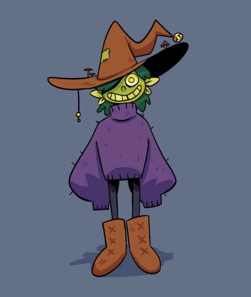 Animated GIF of a witch with green skin and an oversized purple sweater turning in to a flower.