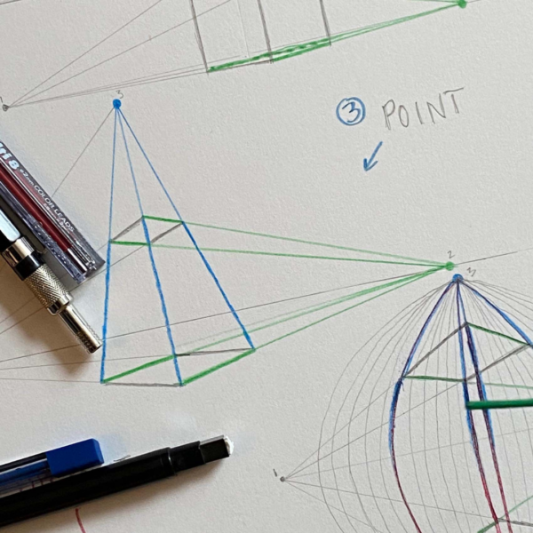 image shows a drawing of a pyramid and other shapes in two point persepective