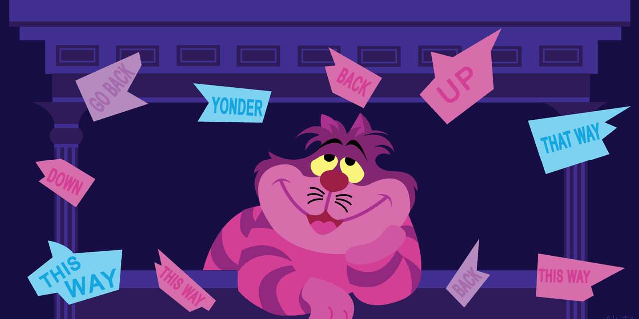 cheshire cat from alice in wonderland with multiple signs pointing in all directions