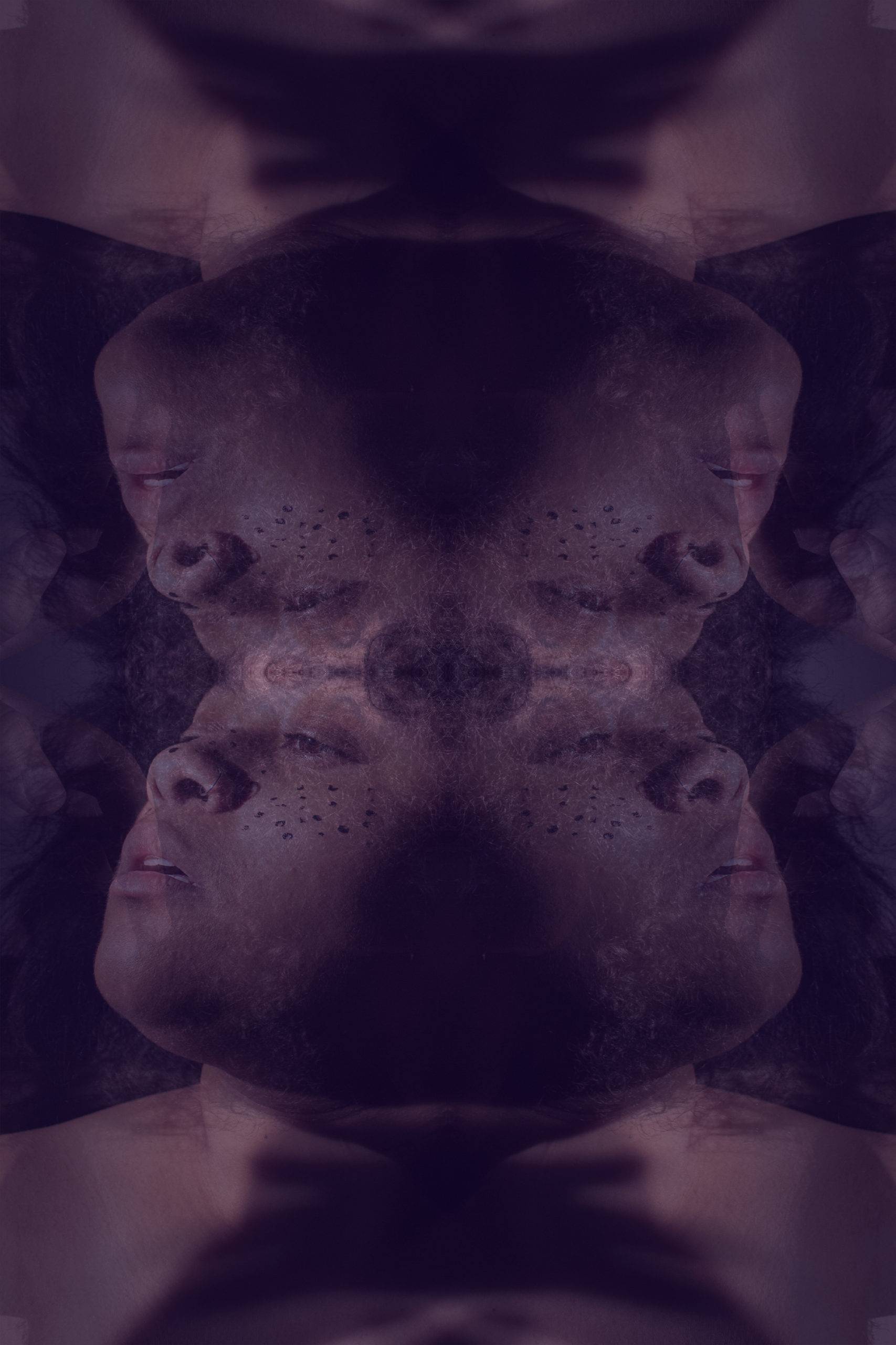 photo by Alexia ALEX Eggleston self portrait with four faces pointing in different direcgtions, in purple. 